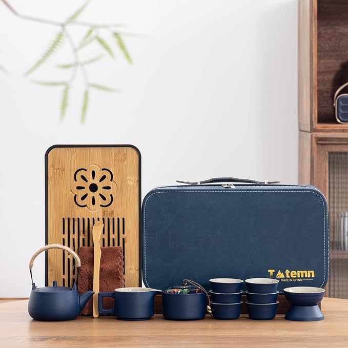 14-Piece Portable Ceramic Travel Tea Set - Chinese Kung Fu Tea Kit with Bamboo Tray & Leather Carry Bag (Blue) for Home/Office/Camping/Gifting
