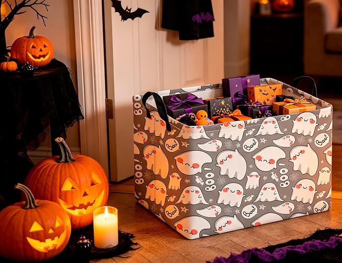 CLOCOR Rectangular Storage Basket Empty,Gift Basket,Waterproof Storage Bin with Handles,Room Decor(Cute Ghost Halloween)