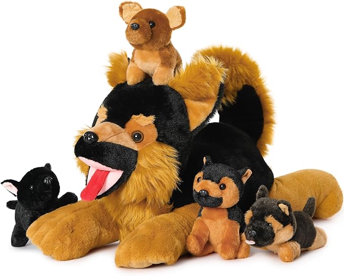 MaoGoLan 5 Giant German Shepherd Dog Plush Toys with 4 Babies, Realistic Soft and Cuddly Stuffed Dog Puppies for Kids, Puppy Lovers