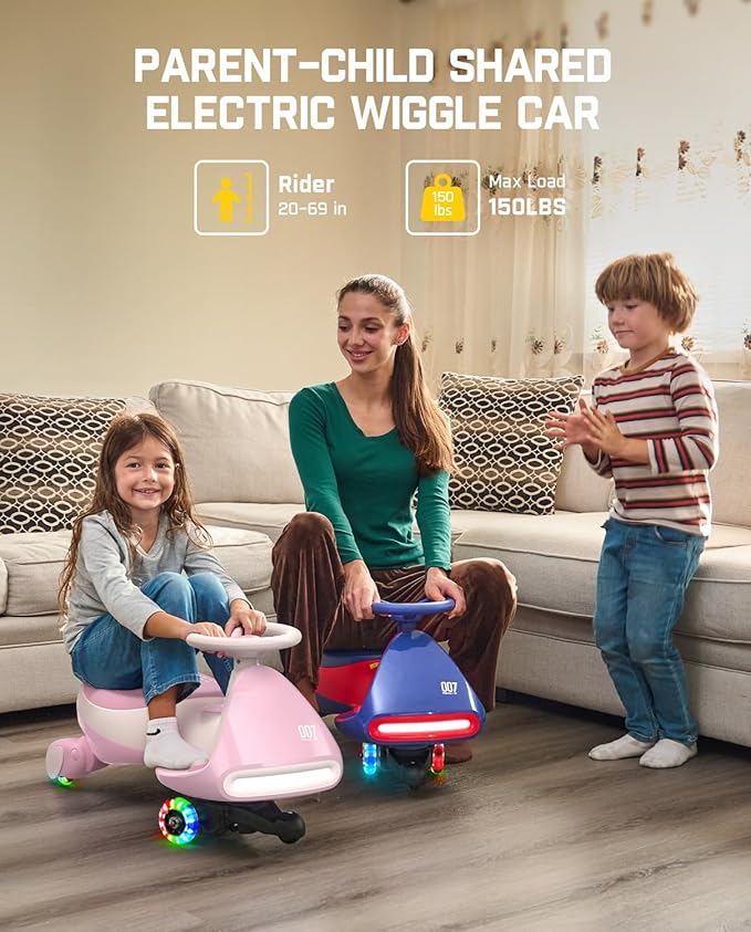 FanttikRide N7 Pro Electric Wiggle Car, Rechargeable Battery, CyberWiggle, 2 in 1 Swing Car, 2 Speeds Max 4 Mph, Anti-Rollover, Flashing Wheels, Bluetooth, for Ages 3 and Up, 150 Lbs,Pinkish White