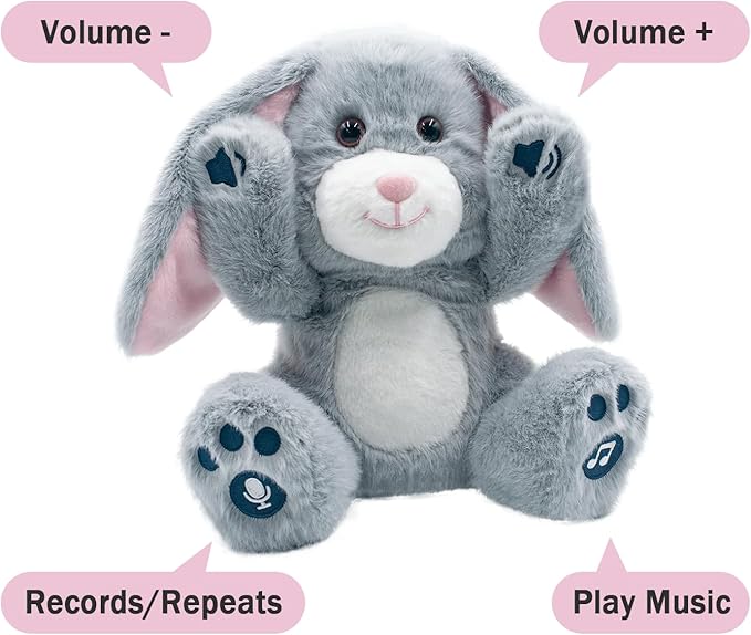 YH YUHUNG Interactive Talking Bunny Plush – Two Modes: Record (10s) & Repeat Talk-Back, 10 Songs, Flapping Ears, Volume Up/Down, Soft Gray-Pink, 3×AA Required, Ages 3+
