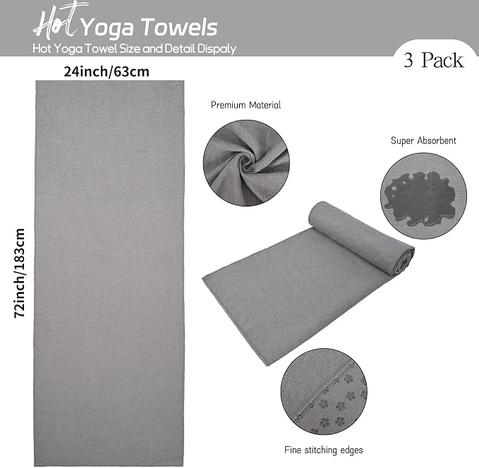3 Pack Hot Yoga Towels with Plum Blossom Grip Dots, Non Slip Yoga Mat Towel, Super Absorbent Soft Suede Microfiber Mat Cover for Hot Yoga, Pilates, Bikram & Workout,(24" x 72", Dark Grey)