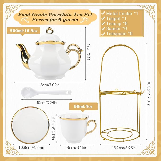 20 Pcs Porcelain Tea Set with Metal Holder, European Ceramic Tea Set for Adults, Coffee Tea Gift Sets, French Tea Cup Saucer Set for Party With Gold Trim (French White)