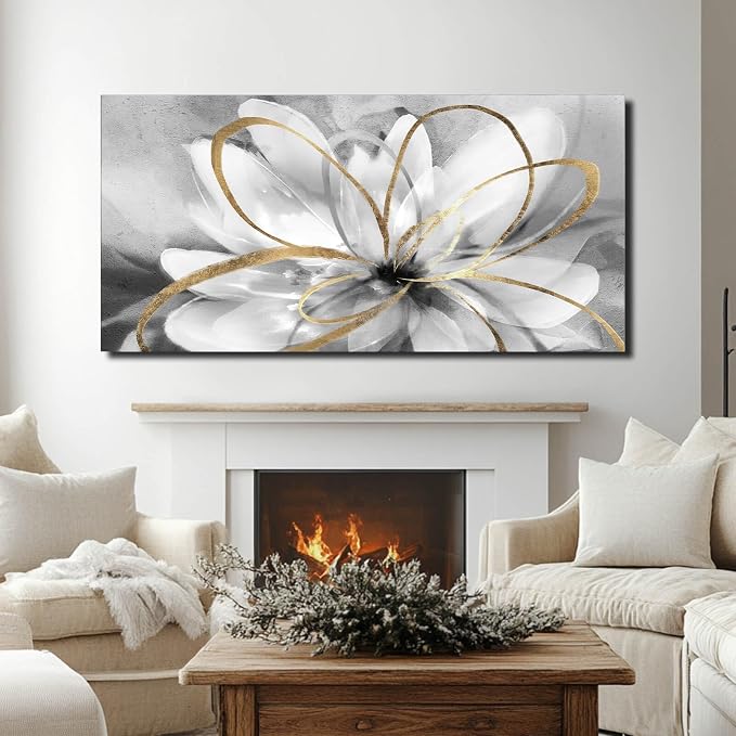 SOUGUAN Large Canvas Wall Art White Flower Painting 30x60 Inch Black Art for Living Room Bedroom Office Home Wall Accents