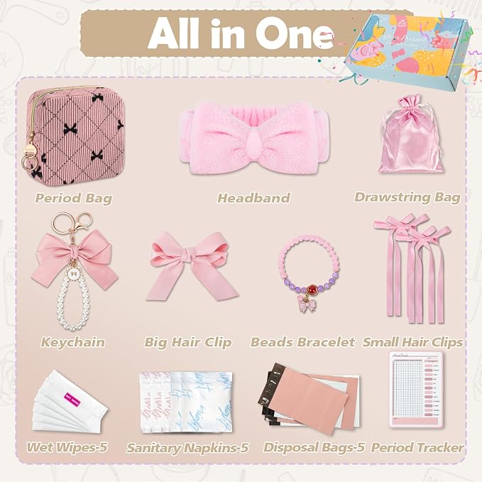 First Period Kit for Teen Girls, Bow Tie Corduroy Cute Sanitary Napkin Storage Bag, Menstrual Pad Bag Tampon Holder for Purse, First Period Gifts (Bow Tie)
