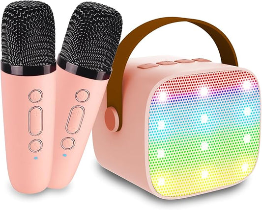 Mini Karaoke Machine for Kids Age 4-12, Bluetooth Speaker with 2 Wireless Microphone & LED Lights, Christmas Birthday Gifts for Girls Boys Kids Adults