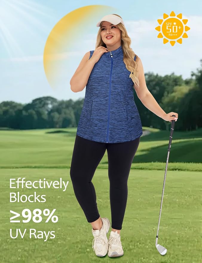 Misyula Style Plus Size Womens Golf Shirt Full-Zip with Pockets Tank Tops | Sleeveless, Quick Dry, Moisture-wicking, Lightweight Vests, Athletic, Tennis, Running, Workout, Casual, Travel, Work