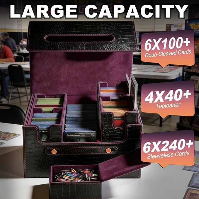 MTG Commander Deck Box, 4-in-1 Trading Card Storage Case fits 400+ Double Sleeved Cards, Premium PU Leather Deck Box MTG with Display Window & 4 Detachable Cases - Black & Red