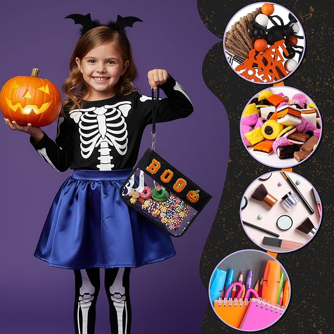 Remerry 2 Pcs Halloween Christmas Chenille Letter Clear Pouch Candy Treat Snack Goodie Bag PVC Makeup Cosmetic Bag Waterproof Preppy Purse Gifts for Women Girls (Boo Pumpkin & Witch Hat Set)