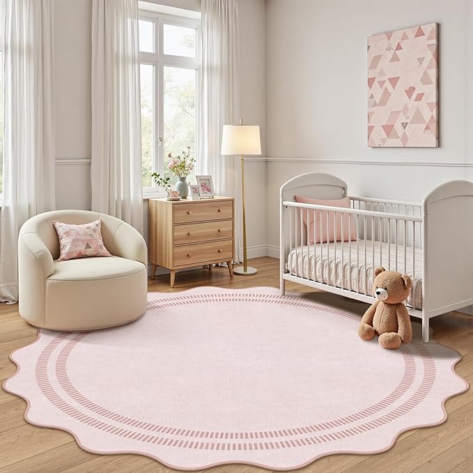 Washable 6ft Area Rugs for Living Room, Solid Pink Non Slip Rugs for Bedroom Girls, Stain Resistant Scalloped Soft Carpet for Nursery Dorm Dining Room