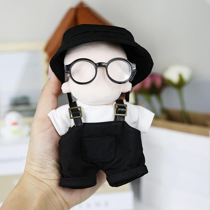 Doll Clothes17cm Black Outfits for Dolls Cute Hat Overalls Set Glasses and White T-Shirt Exquisite Clothes Accessories (Black Jumpsuit)