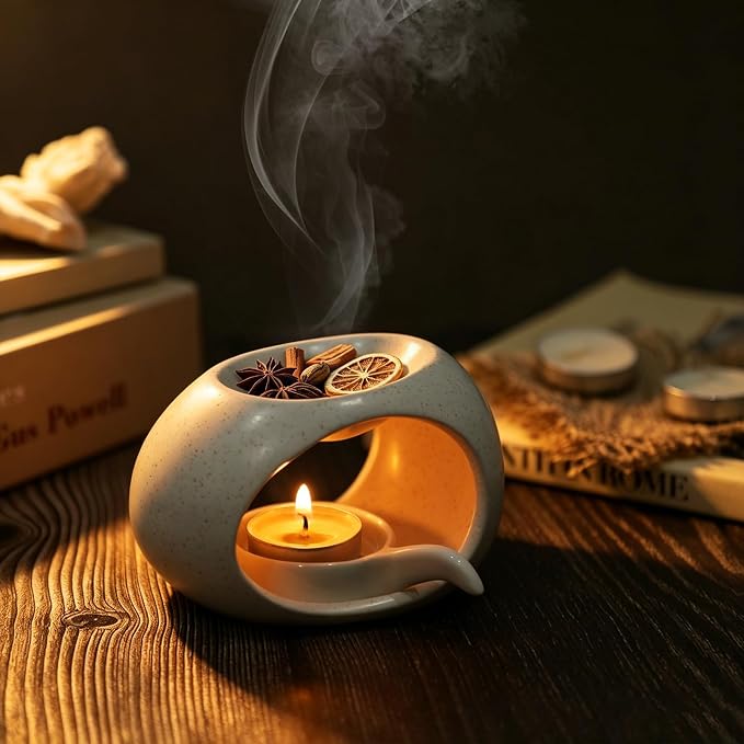 Independence Day Ceramic Essential Oil Burner, Aromatherapy Oil Warmer with Tealight Candle, Incense Aroma Diffuser for Home Spa Yoga Meditation Relaxation & Room Decor White Small