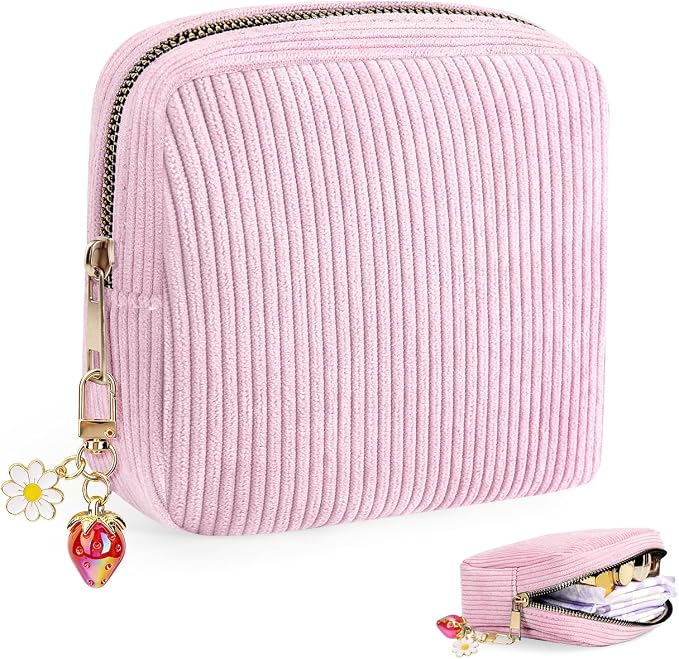 Corduroy Period Pouch with Strawberry Charm Small Discreet Sanitary Napkin Storage Bag Cute Menstrual Pad Pouch Tampon Bag for Purse Zipper Makeup Bags for Women Pink