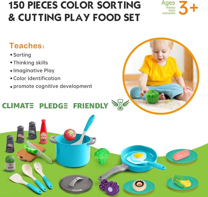 150Pcs Kitchen Playset, Toddlers Pretend Cooking Cookware Accessories, Food, Picnic Blanket, Fruits, Veges, 2Pack Shopping Storage Basket, Dessert and Prop Money, Gift for Kids (Turquoise)