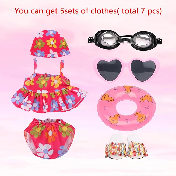 18 Inch Doll Swimsuit Playset, Dorable Doll Summer Dress Playset for 18 Girl Dolls, Includes Doll Bikini Swimsuits, Lovely Sunglasses, Goggles, Sandals and Water Inflatable Ring