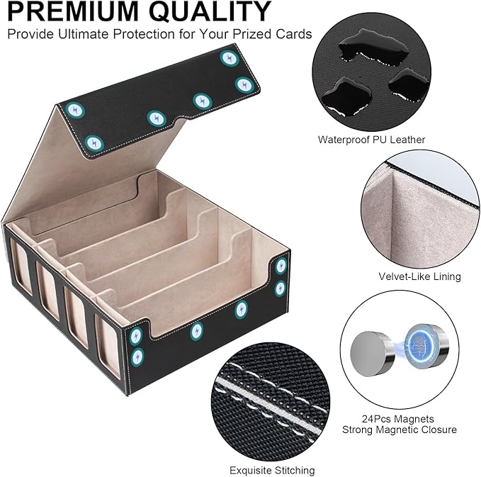 GEAoffice Trading Card Storage Box with Commander Display, 3200+ Card Deck Case with Magnetic Removable Lid, 4-Row Deck Box for MTG/TCG/Sports/Games, 10 Stoppers, 24 Dividers, 1 Dice Tray, Black Grey