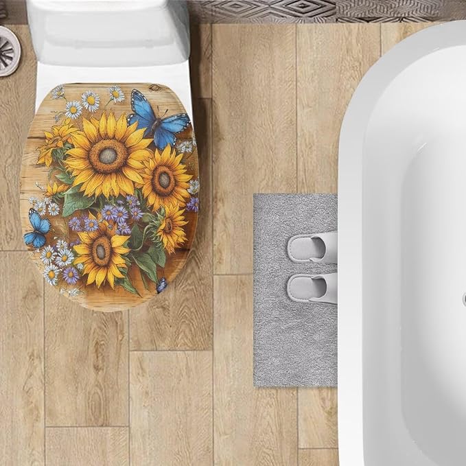 Sunflower Toilet Lid Cover Set with Elastic Band Blue Butterfly Toilet Seat Cushion Cover Replacement for Bathroom Decor Machine Washable Polyester Fabric Bathroom Covers
