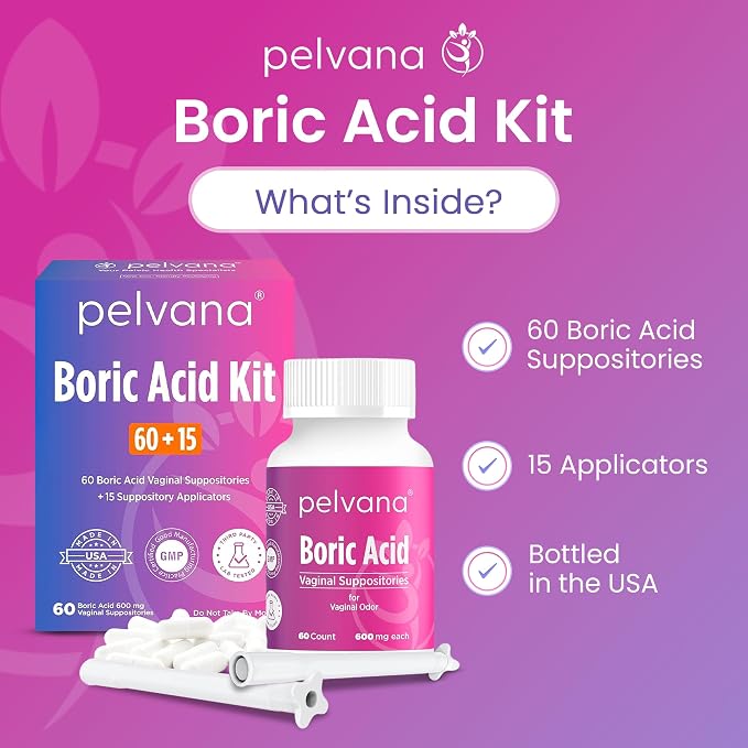 Pelvana Boric Acid Suppositories for Women - 60 Count + 15 Applicators - 600mg Boric Acid Capsules for Vaginal Odor Use