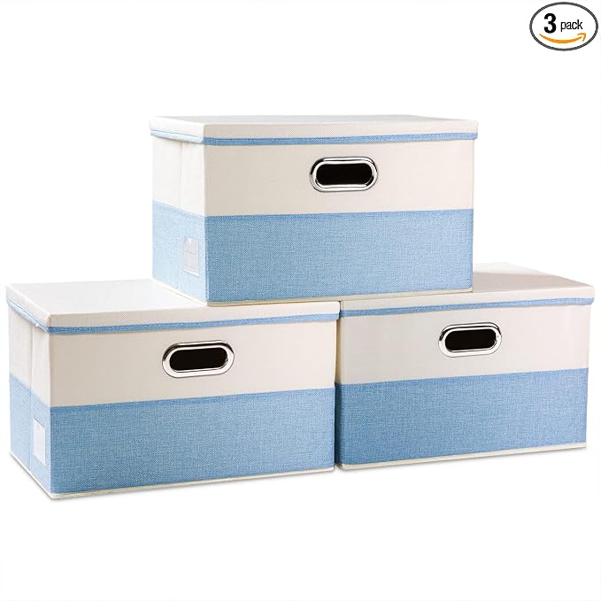 Large Foldable Storage Boxes with Lids [3-Pack] Fabric Collapsible Storage Bins Organizer Containers Baskets Cube with Cover for Home Bedroom Closet Office Nursery Blue&Cream(17.7x11.8x11.8)