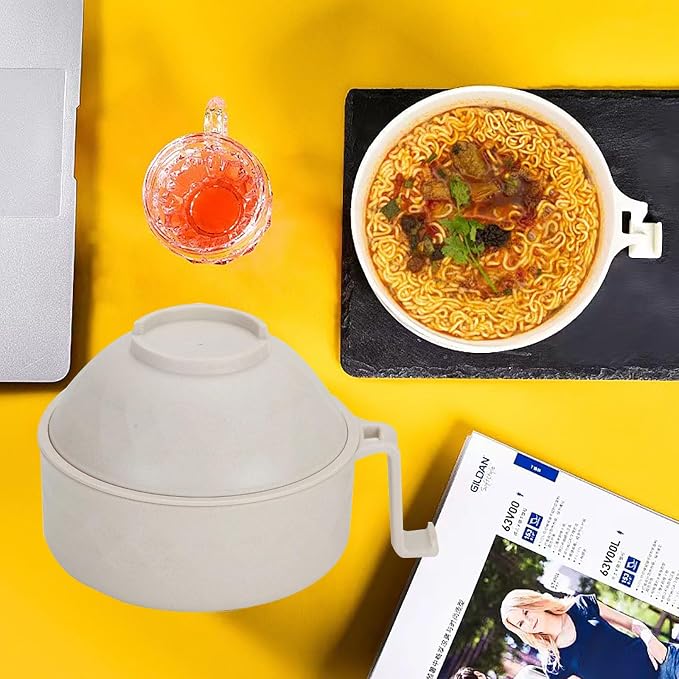 OZY Microwave Ramen Bowl，Ramen Noodle Cooker with Spoon Chopsticks Fork，Ramen Cooker with Handles，College Dorm Room Essentials，BPA-Free (Beige)