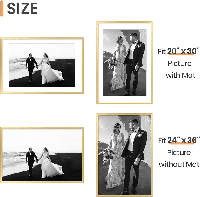 upsimples 24x36 Poster Frame, Display Pictures 20x30 with Mat or 24x36 Without Mat, Wall Hanging Picture Frame, Gold, 1 Pack