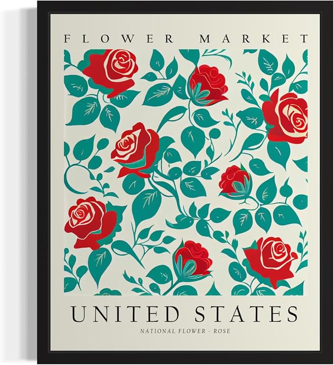 United States, Rose Art Print Poster, Flower Market Wall Art, Floral Artwork Decor for Bedroom, Kitchen, Bathroom, Livingroom Decoration 52 (United States, Rose, 10"L x 8"W, Black Frame)