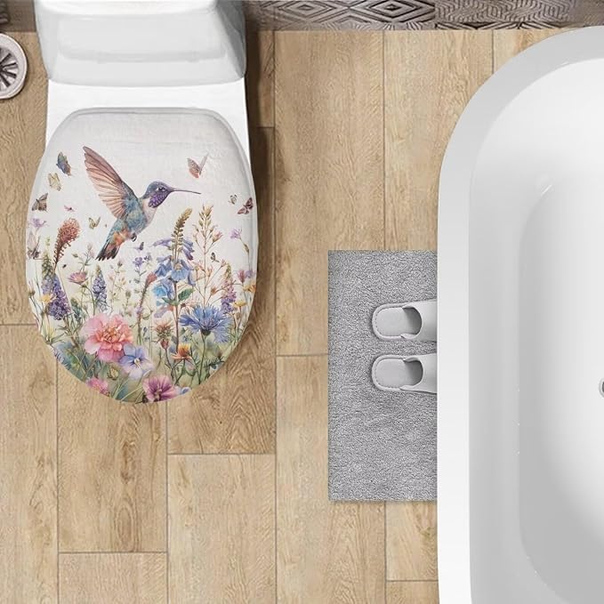 Hummingbird Oblong Toilet Seat Cover Floral Fuzzy Toilet Seat Cover Soft Toilet Seat Cover Toilet Lid Covers for Bathroom Decor