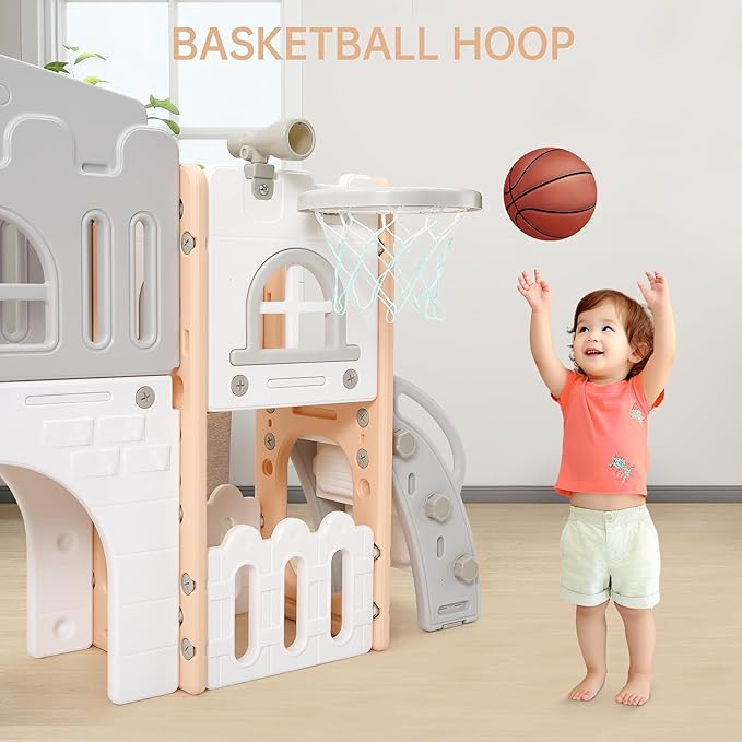 8 in 1 Toddle Slide Playset, Indoor Playground for Kids 1-3， Toddle Outdoor Playset with Slide, Climber, Tunnel, Basketball Hoop, Storage Space and Telescope for for Boys Girls, Pink Gray