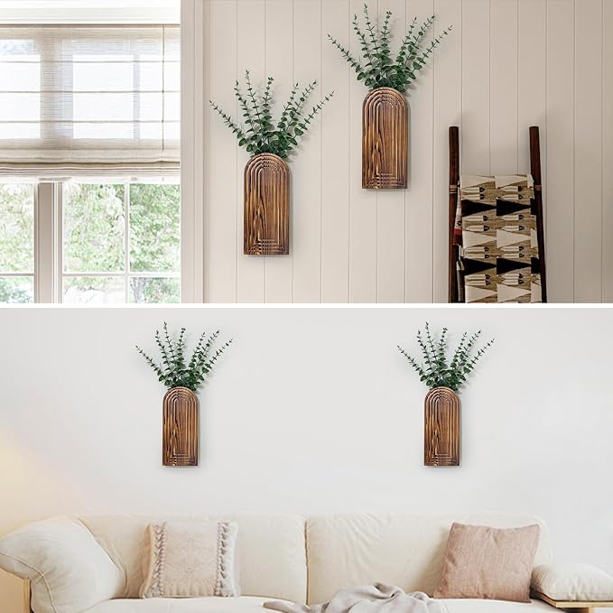 Wooden Wall Planter Vase Set of 2, Boho Hanging Planter for Indoor Plants & Flowers, Natural Wood Wall-Mounted Planters for Art Home Decor - Living Room, Bedroom, Bathroom, Patio (Brown)