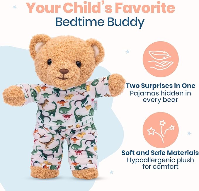 Zip N' Bear Soft Plush Teddy Bear Stuffed Animal with Dino Dreamers Pajamas - Zippy The Bear Cute Cuddly Plush Toy, Perfect Sensory Teddy for Kids, Toddlers - Adorable Gift & Bedtime Companion