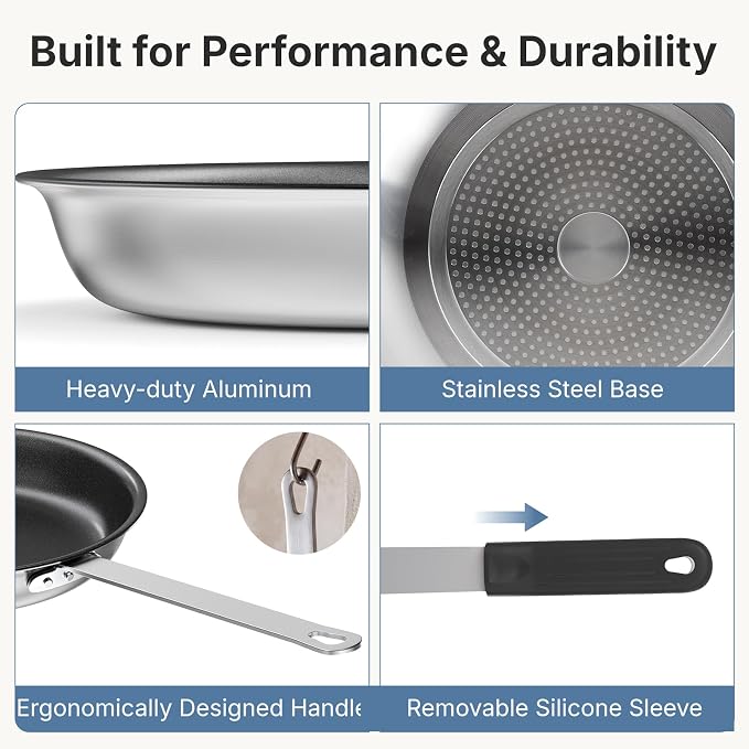 DUMOS 14 Inch Nonstick Frying Pan, Heavy-Gauge Aluminum Skillet with Ceramic Nonstick Coating & Stainless Steel Base, Omelet Pan for Induction, Electric, Gas, PFAS Free, Oven Safe, Black Handle