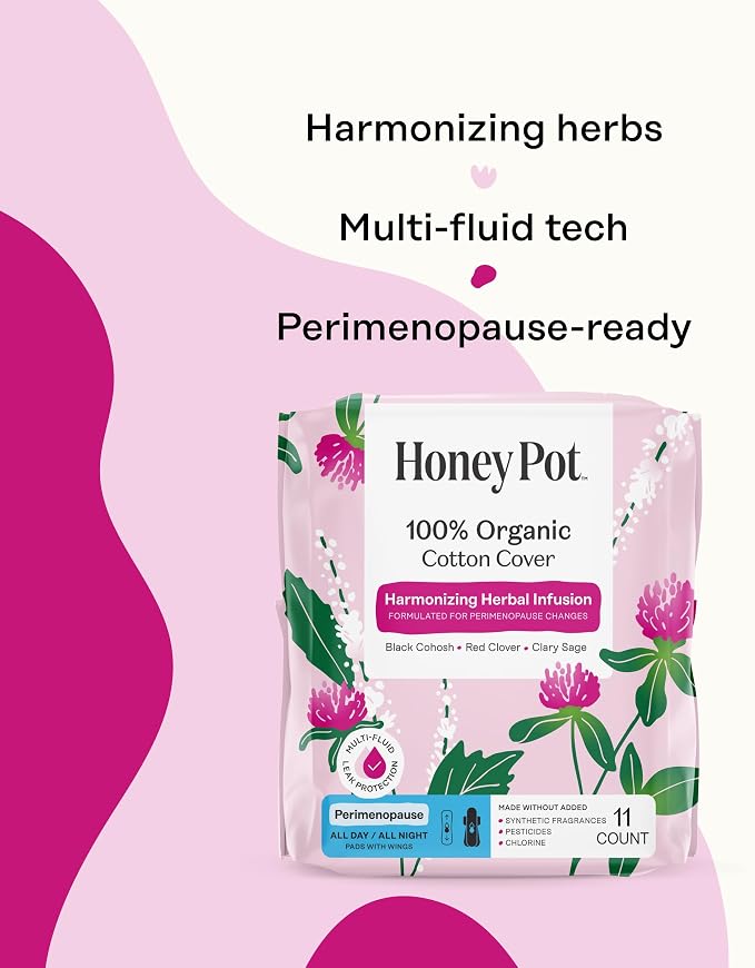 Honey Pot - Perimenopause All Day All Night Pads for Women - 100% Organic Cotton Top Sheet - Feminine Care - Multi-Fluid Absorbency - Harmonizing Herbs of Black Cohosh, Clary Sage, & Red Clover - 11ct