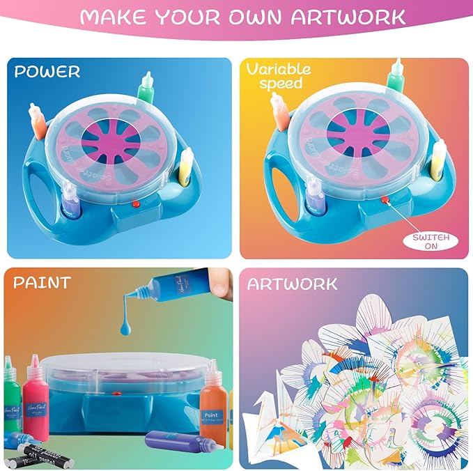 Spin Art Machine for Kids Ages 6-8,Adjustable Speed Arts&Crafts Paint Spinner Toy with Origami Artwork, Thicker Splatter Guard, Battery Operated Kids Crafts Kits, Gift Boys Girls