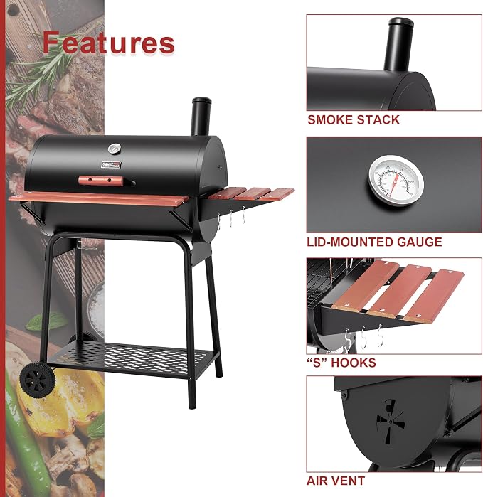 Royal Gourmet CC1830V 30 Barrel Charcoal Grill with Wood-Painted Side Front Table, 627 Square Inches Cooking Space, for Outdoor Backyard, Patio and Parties, Black | Wood-Painted Table, 627 Square Inches Cooking Space, Outdoor BBQ Grill for Outdoor Back...
