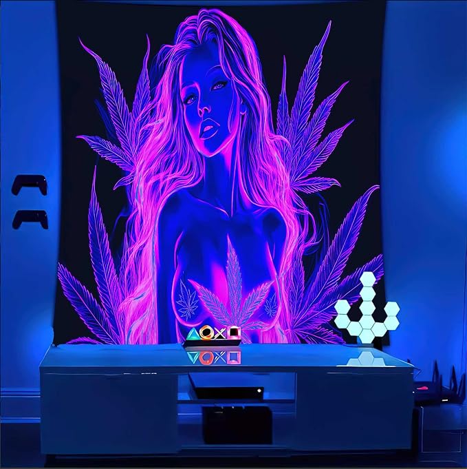 Bcsewcg Blacklight Tapestry, Women Sexy Purple Blacklight Art Wall Hanging, UV Glow in the Dark Hot Girl Poster for Adults Room Bedroom Dorm Wall Decor