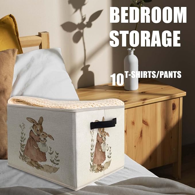 Vintage Bunny Storage Bins Basket, Toybox for Girls Room, Retro Rabbit Mom and Baby Collapsible Fabric Storage Box Organizer for Bedroom Bathroom Clothes Books Toys