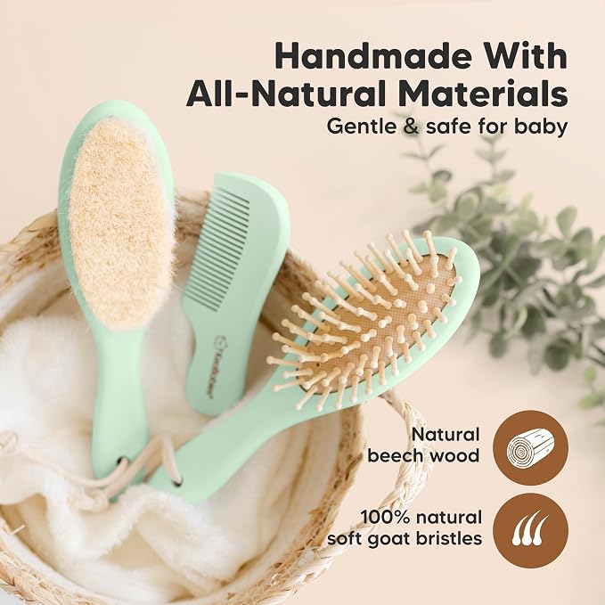 Wooden Baby Hair Brush Set for Newborns, Toddlers - Soft Goat Bristle Baby Brush and Comb Set Newborn Grooming Kit for Cradle Cap Care, Durable & Gentle, Boy, Girl Infant Essentials (Regular, Sage)