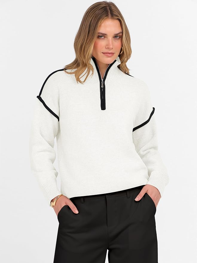 ANRABESS Womens Quarter Zip Sweaters Fall Long Sleeve V Neck Shirts Collared Business Casual Tops Knit Pullover Sweatshirts