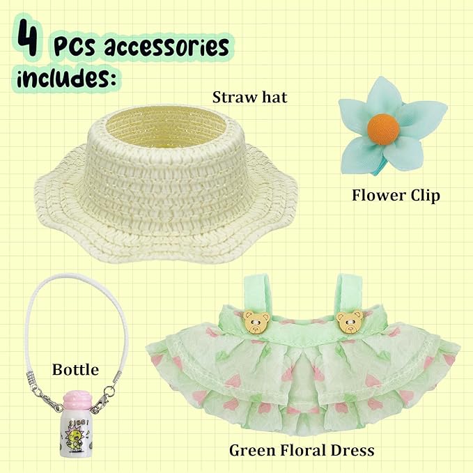 17cm Doll Clothes 4 PCs Accessories Outfits Green Dress Straw Hat Flower Clip Bottle Clothing Set for Keychain,No Doll(Green)