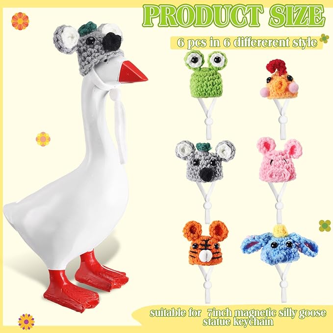 Geyoga 6 Pcs Mini Knitted Hats 7 Inch Goose Outfits Hat with Adjustable Strap Mini Porch Goose Headwear for Statue Key Holder