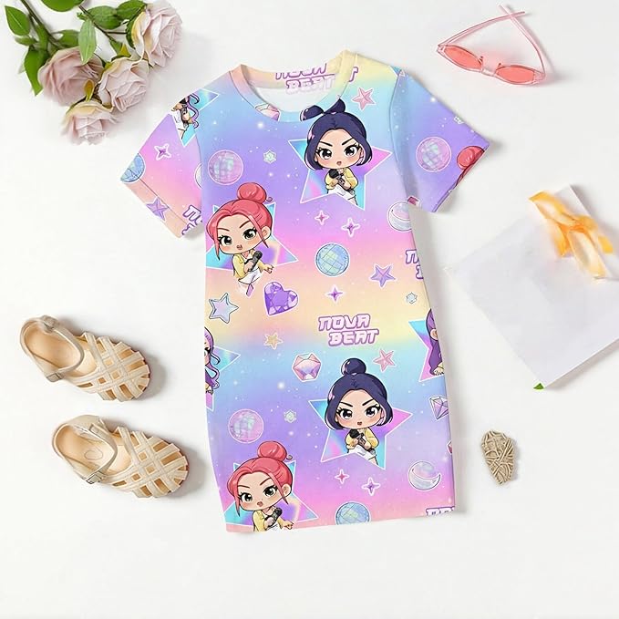 Girl's Anime K-POP Graphic Long Dress T-Shirt - Casual Loose Fit Short Sleeve Top