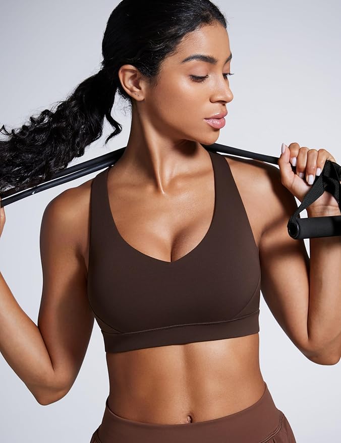 CRZ YOGA Butterbreeze Criss Cross Back Sports Bras for Women - V Neck Adjustable Straps Padded Workout Training Crop Top