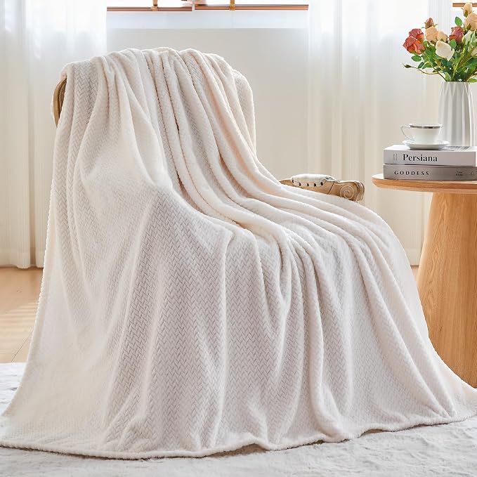 NEWCOSPLAY Fleece Leaves Pattern Throw Blanket, Ivory, 50"x60" | Super Soft Throw Blanket, Lightweight Cozy Bed Sofa Blanket, Premium Silky Flannel Fleece, Travel Blanket for All Season Use