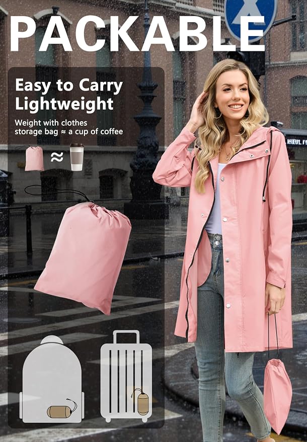 Zando Long Packable Rain Jacket Women Waterproof Raincoat with Hood | Relaxed-Fit Lightweight Windbreaker for Women; Travel Rain Coats for Commute, Hiking, Cruise, and Daily wear