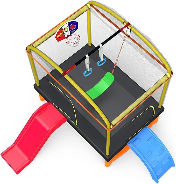 6.5ft Climb Slide Swing 7-in-1 Mini Rectangular Trampoline for Kids | Birthday Gift for Girls and Boys, Indoor Outdoor Toddler's Trampoline with Safety Net Enclosure, Padding, Zipper