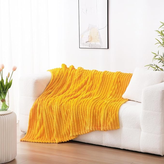 Gold Fleece Throw Blanket 50”×70” for Couch Sofa Livingroom | Super Soft Cozy Plush Microfiber Flannel Bed Blanket Striped Design Lightweight Home Decor Gifts for Adults Mom Women