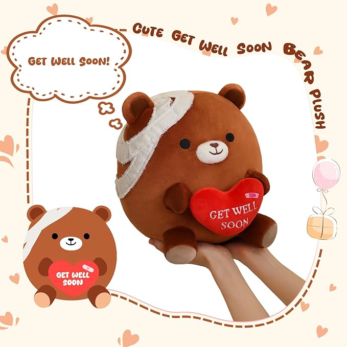 Get Well Soon Bear Plush, Cute Brown Bear Stuffed Animal, Soft Feel Better Gifts for Kids Women Men