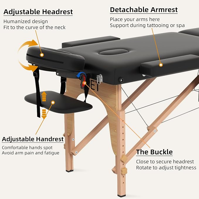 ABET Massage Table, 3 Fold Portable Lash Bed for Eyelash Extensions, Height Adjustable Lightweight Professional Facial Spa Beauty Salon Tattoo Table with Oil Pocket Towel Rod, Wood Feet & Black