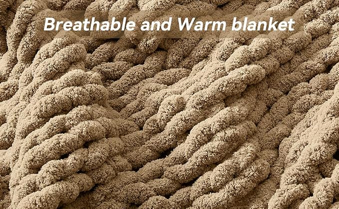 Negwoo Chunky Knit Throw Blanket, Knitted Throw Chenille Yarn, 60"*80" | Soft Thick Cable Knitted Blankets, Handmade Big Thick Blanket, Machine Washable Cute Comfy Blanket for Home Decor,Light brown