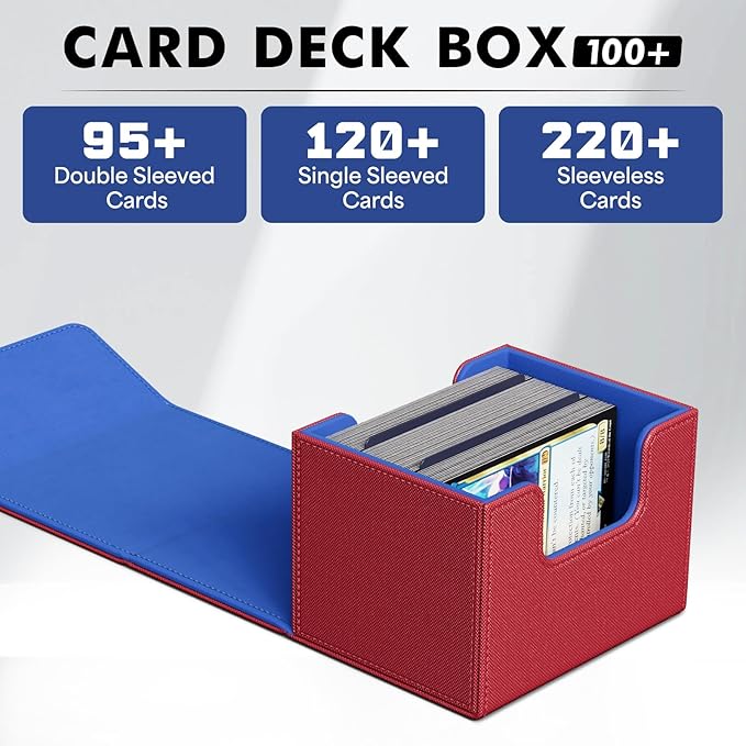 ZLCA Card Deck Box for Trading Cards, MTG Commander Deck Box Holds 120+ Single Sleeved Cards, Leather Magnetic Card Storage Box Fits for TCG CCG Magic Cards (Red&Blue)